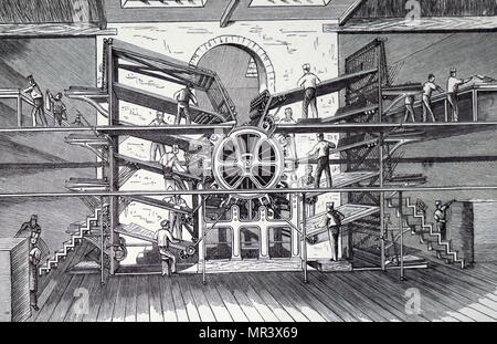 Gravure représentant Richard Hoe Mars dix-bac d'impression rotative presse. Mars Richard Hoe (1812-1886), un inventeur Américain de New York qui a conçu une presse d'impression rotative et les avancées technologiques. En date du 19e siècle Banque D'Images