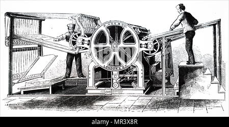 Gravure illustrant la houe rotative de mars Richard presse d'impression. Mars Richard Hoe (1812-1886), un inventeur Américain de New York qui a conçu une presse d'impression rotative et les avancées technologiques. En date du 19e siècle Banque D'Images