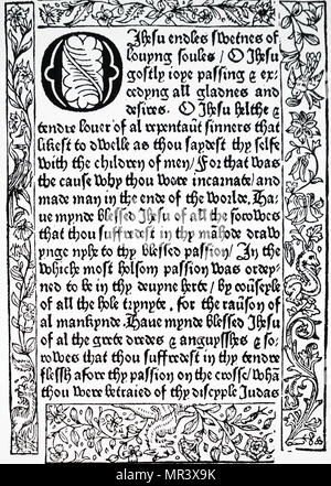 La page de William Caxton's Bible. William Caxton (1422-1491) Un marchand anglais, diplomate, écrivain et de l'imprimante. En date du 15e siècle Banque D'Images