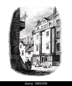 Gravure représentant William Caxton's printing office. William Caxton (1422-1491) Un marchand anglais, diplomate, écrivain et de l'imprimante. En date du 19e siècle Banque D'Images