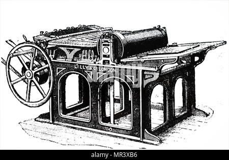 Illustration montrant une impression à plat machine sans dents extérieures et les leviers. En date du 19e siècle Banque D'Images