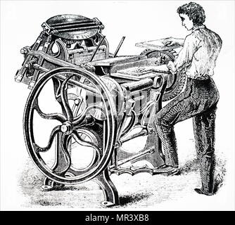 Illustration montrant une impression à plat machine sans dents extérieures et les leviers. En date du 19e siècle Banque D'Images