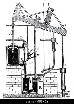 Gravure illustrant la machine à vapeur de James Watt. James Watt (1736-1819), un inventeur écossais, ingénieur mécanicien, et chimiste. En date du 19e siècle Banque D'Images