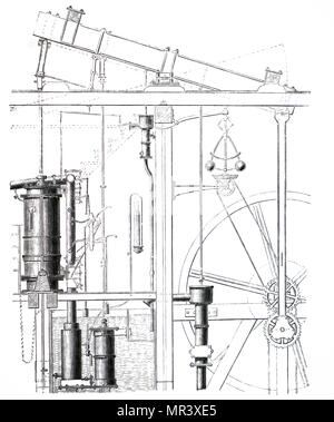 Gravure illustrant la machine à vapeur de James Watt. James Watt (1736-1819), un inventeur écossais, ingénieur mécanicien, et chimiste. En date du 19e siècle Banque D'Images