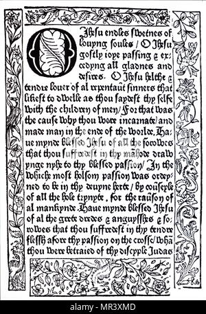 La page de William Caxton's Bible. William Caxton (1422-1491) Un marchand anglais, diplomate, écrivain et de l'imprimante. En date du 15e siècle Banque D'Images