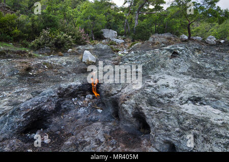 La combustion du gaz naturel dans la région de chimères près de Cirali (Turquie) Banque D'Images