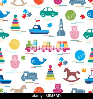 Modèle sans couture avec les enfants des jouets. Train, voitures, ballons, Cheval à bascule, Roly-poly, baleine, puzzles, pyramide, bateau. Illustration de Vecteur