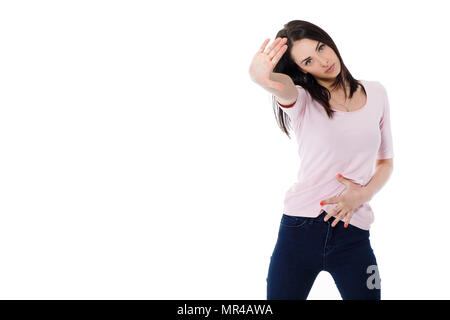 Belle brunette woman in pink t-shirt Banque D'Images