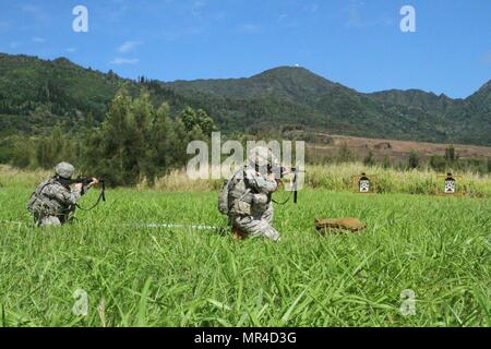 Deux soldats de la santé régionale de l'Command-Pacific (RHC-P) la concurrence dans l'analyse du stress de la compétition meilleur guerrier qui a eu lieu au 5 mai à divers endroits autour de l'île d'Oahu, Hawaii. Banque D'Images