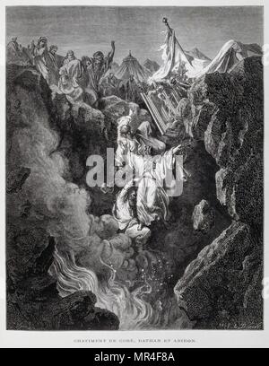 La mort de Coré, de Dathan et d'Abiram, Illustration de la Dore Bible 1866. En 1866, artiste et illustrateur français Gustave Dore (1832-1883) a publié une série de 241 gravures sur bois pour une nouvelle édition de luxe la 1843 Traduction française de la Bible Vulgate, populairement connu comme la Bible de Tours. Cette nouvelle édition a été connue sous le nom de la Grande Bible de Tours et ses illustrations ont été un immense succès. Dathan et Abiram, son frère se révoltèrent contre Moïse et Aaron. Le Livre des Nombres raconte que "la terre ouvrit sa bouche, et les engloutit, eux et leurs maisons." (Livre des Nombres 16:31) Banque D'Images