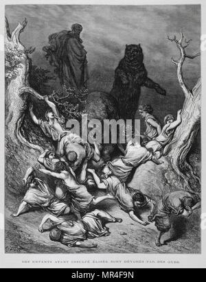 Élisée comme les enfants montres détruites par les ours, Illustration de la Dore Bible 1866. En 1866, l'artiste et illustrateur français Gustave Dore (1832-1883), a publié une série de 241 gravures sur bois pour une nouvelle édition de luxe la 1843 Traduction française de la Bible Vulgate, populairement connu comme la Bible de Tours. Cette nouvelle édition a été connue sous le nom de la Grande Bible de Tours et ses illustrations ont été un immense succès Banque D'Images