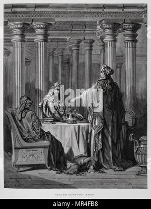 Haman dénoncé par la reine Esther, Illustration de la Dore Bible 1866. En 1866, l'artiste et illustrateur français Gustave Dore (1832-1883), a publié une série de 241 gravures sur bois pour une nouvelle édition de luxe la 1843 Traduction française de la Bible Vulgate, populairement connu comme la Bible de Tours. Cette nouvelle édition a été connue sous le nom de la Grande Bible de Tours et ses illustrations ont été un immense succès. Banque D'Images