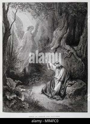 Jésus rencontre un ange dans le jardin de Gethsémané sur le Mont des Oliviers, à Jérusalem, Illustration de la Dore Bible 1866. En 1866, l'artiste et illustrateur français Gustave Dore (1832-1883), a publié une série de 241 gravures sur bois pour une nouvelle édition de luxe la 1843 Traduction française de la Bible Vulgate, populairement connu comme la Bible de Tours. Cette nouvelle édition a été connue sous le nom de la Grande Bible de Tours et ses illustrations ont été un immense succès. Banque D'Images