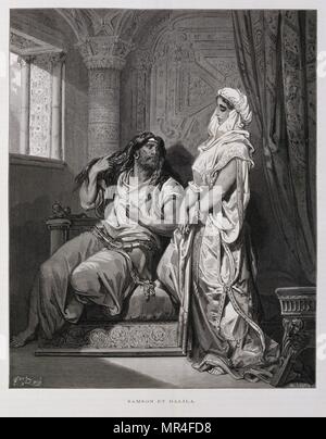 Samson et Dalila, Chapitre 16, du Livre des juges, dans l'Ancien Testament., Illustration de la Dore Bible 1866. En 1866, l'artiste et illustrateur français Gustave Dore (1832-1883), a publié une série de 241 gravures sur bois pour une nouvelle édition de luxe la 1843 Traduction française de la Bible Vulgate, populairement connu comme la Bible de Tours. Cette nouvelle édition a été connue sous le nom de la Grande Bible de Tours et ses illustrations ont été un immense succès. Banque D'Images