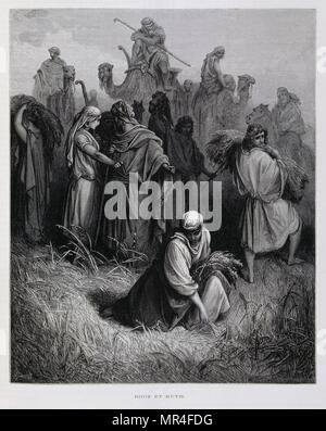 Ruth et Boaz approches lui demande d'exercer son droit de la parenté et de l'épouser., Illustration de la Dore Bible 1866. En 1866, l'artiste et illustrateur français Gustave Dore (1832-1883), a publié une série de 241 gravures sur bois pour une nouvelle édition de luxe la 1843 Traduction française de la Bible Vulgate, populairement connu comme la Bible de Tours. Cette nouvelle édition a été connue sous le nom de la Grande Bible de Tours et ses illustrations ont été un immense succès. Banque D'Images