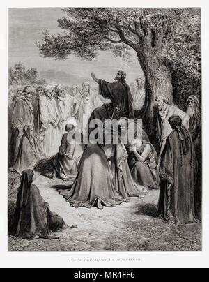 La prédication de Jésus dans le Sermon sur la montagne, Illustration de la Dore Bible 1866. En 1866, l'artiste et illustrateur français Gustave Dore (1832-1883), a publié une série de 241 gravures sur bois pour une nouvelle édition de luxe la 1843 Traduction française de la Bible Vulgate, populairement connu comme la Bible de Tours. Cette nouvelle édition a été connue sous le nom de la Grande Bible de Tours et ses illustrations ont été un immense succès. Banque D'Images