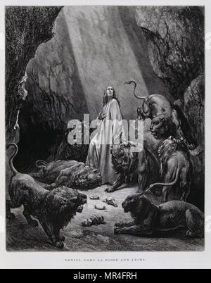 Daniel dans la fosse aux lions, Illustration de la Dore Bible 1866. En 1866, l'artiste et illustrateur français Gustave Doré (1832-1883), a publié une série de 241 gravures sur bois pour une nouvelle édition de luxe la 1843 Traduction française de la Bible Vulgate, populairement connu comme la Bible de Tours. Cette nouvelle édition a été connue sous le nom de la Grande Bible de Tours et ses illustrations ont été un immense succès. Banque D'Images