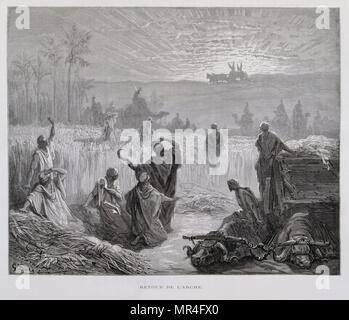 Retour de l'Arche Sacrée transportant les commandements pour le Temple juif à Jérusalem, Illustration de la Dore Bible 1866. En 1866, l'artiste et illustrateur français Gustave Doré (1832-1883), a publié une série de 241 gravures sur bois pour une nouvelle édition de luxe la 1843 Traduction française de la Bible Vulgate, populairement connu comme la Bible de Tours. Cette nouvelle édition a été connue sous le nom de la Grande Bible de Tours et ses illustrations ont été un immense succès. Banque D'Images