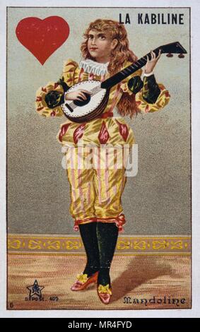 Carte postale française de 1900 représentant un joueur de mandoline en costume médiéval Banque D'Images