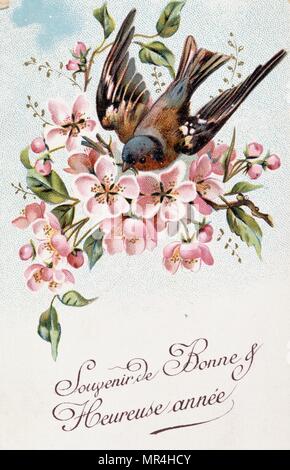 Nouvelle année française carte postale représentant des fleurs et un oiseau 1900 Banque D'Images