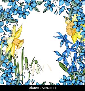 Châssis avec fleurs de printemps jonquilles et et petites fleurs bleues. Illustration de Vecteur