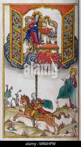 Miniature représentant orthodoxe russe St John, et un cavaliers de l'Apocalypse. De l'Apocalypse de Saint Jean. Vers 1750 Banque D'Images
