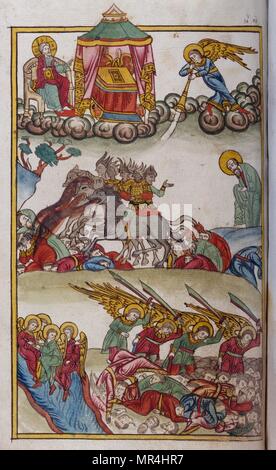 Miniature Orthodoxe russe illustrant une scène de l'Apocalypse de Saint Jean. Vers 1750 Banque D'Images