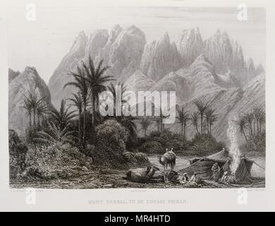 Gravure de Victor Guerin (1821 - 1891) représentant le mont Serbal (Jebel Serbal) dans le Wadi Feiran dans le sud du Sinaï. À 2 070 mètres (6 791 pieds) de haut, c'est la cinquième plus haute montagne en Égypte. 1875 Banque D'Images