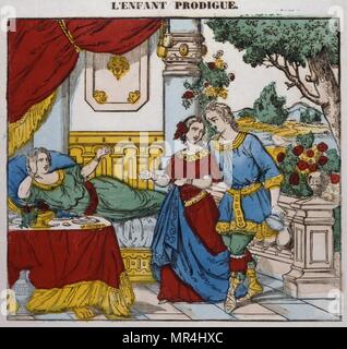 Le fils prodigue, 19e siècle, couleur, illustration de la Bible, Nouveau Testament. 1840. Dans l'histoire, un père a deux fils. Le plus jeune fils, demande son héritage et après avoir gaspillé sa fortune (le mot 'fils prodigue' signifie 'gaspillage extravagant"), devient sans ressources. Il revient à la maison avec l'intention de mendier son père à faire l'un de ses serviteurs, s'attendant à ce que sa relation avec son père est probablement coupée. Le père l'accueille de nouveau et célèbre son retour. Banque D'Images