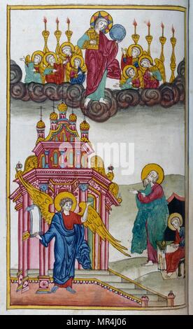 Le slavon russe orthodoxe chrétien, illustrant l'Apocalypse miniature de St Jean. Vers 1750 Banque D'Images