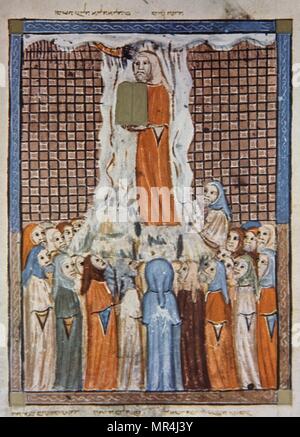 Moïse présente les Dix Commandements pour les Juifs. Illustration de la Haggadah de Sarajevo. Un 14e siècle manuscrit juif et un chef-d'illustration de Catalogne, créée à Barcelone, vers 1350, pour une importante famille juive. Banque D'Images