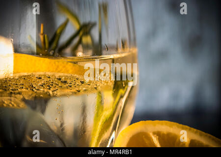 Close-up d'un verre de tonic avec citron et romarin Banque D'Images