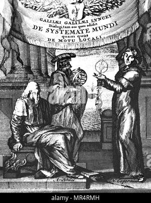 Page de titre de l'édition latine de Galileo Dialogo (dialogue sur les deux grands systèmes du monde) par Galilée. Galileo Galilei (1564-1642), un mathématicien italien. En date du 17e siècle Banque D'Images