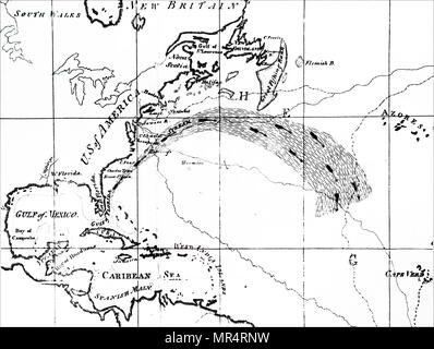 Carte illustrant une partie de l'Océan Atlantique montrant le Gulf Stream. Le Gulf Stream, avec son extension septentrionale la dérive nord-atlantique, est un cadre chaleureux et Swift Current qui provient de l'océan Atlantique dans le golfe du Mexique et s'étend jusqu'à la pointe de la Floride, et suit les côtes de l'Est des États-Unis et de Terre-Neuve avant de traverser l'océan Atlantique. En date du 18e siècle Banque D'Images