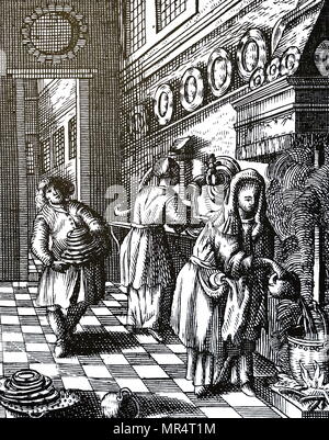 Gravure illustrant la purification de navires pour la Pâque. Pâque ou Pessa'h, est un élément important, d'origine juive de la bible. Les juifs célèbrent la Pâque comme une commémoration de leur libération par Dieu de l'esclavage dans l'Egypte ancienne et leur liberté en tant que nation sous la direction de Moïse. En date du 18e siècle Banque D'Images