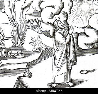 Gravure sur bois représentant Moïse sur la montagne où il a reçu les comprimés contenant les Dix Commandements de Dieu. En date du 16e siècle Banque D'Images