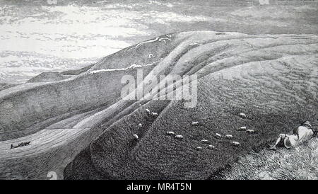 Gravure représentant un aperçu de la vallée de la White Horse, montrant l'Uffington White Horse. L'Uffington White Horse est une colline préhistorique très stylisé figure, 110 m de longueur, formé à partir de tranchées profondes remplies de craie blanche concassée. En date du 19e siècle Banque D'Images