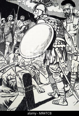 Illustration Horatius Cocles tenant le pont sur le Tibre à Rome contre Lars Porsena's army. Horatius Cocles (530-500 BC) officier dans l'armée de l'ancienne République romaine qui a défendu l'Pons Sublicius à partir de l'armée d'invasion de Lars Porsena, roi de Clusium à la fin 6e siècle avant J.-C.. En date du 20e siècle Banque D'Images