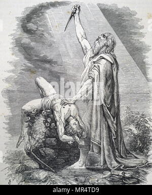 Gravure représentant Abraham offrant son fils Isaac en sacrifice à Dieu. En raison de son obéissance, Dieu l'a libéré de son serment, et placé à proximité d'un bélier qu'Abraham ne pouvait sacrifier à la place d'Isaac. En date du 17e siècle Banque D'Images