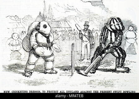 Caricature montrant les vêtements de protection suggérés pour aider l'ensemble de l'équipe de cricket de l'Angleterre contre les dernières bowling rapide. En date du 19e siècle Banque D'Images