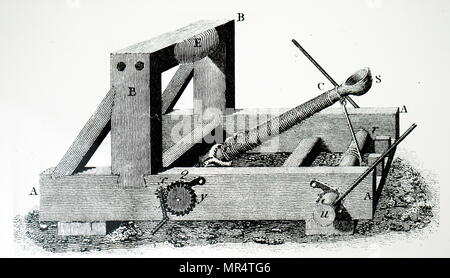 Gravure représentant un mangonneau catapulte, utilisé pour lancer des missiles sur un ennemi de l'époque romaine jusqu'à l'époque de l'efficacité des armes à feu. En date du 19e siècle Banque D'Images