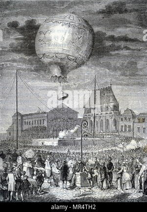 Gravure illustrant les frères Montgolfier faire une ascension en ballon à air chaud à Versailles en face de la famille royale française en 1783. Jacques-Étienne Montgolfier Joseph-Michel Montgolfier et étaient des fabricants de papier d'Annonay, en Ardèche, France mieux connu comme inventeurs de la montgolfière-style hot air balloon, globe aérostatique. En date du 19e siècle Banque D'Images