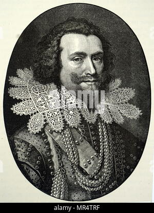 Portrait gravé de George Villiers, 1 duc de Buckingham (1592-1628) un courtier anglais, homme d'État, et mécène. En date du 17e siècle Banque D'Images