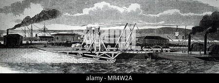 Gravure illustrant le chargement des wagons sur le ferry qui relie Granton et Zofingen sur l'Edimbourg, Perth et Dundee de fer. En date du 19e siècle Banque D'Images