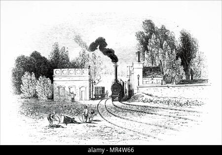 Gravure représentant la gare de Berkhamsted, Hertfordshire. Sur le dessus de l'un des immeubles est un réservoir d'eau utilisé pour alimenter les locomotives. En date du 19e siècle Banque D'Images