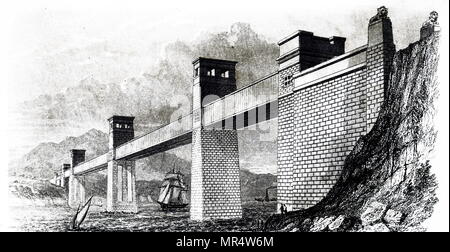 Gravure représentant le pont tubulaire Britannia à travers le détroit de Menai. Conçu par Robert Stephenson (1803-1859) un chemin de fer anglais et ingénieur civil. En date du 19e siècle Banque D'Images