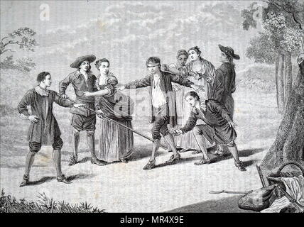 Illustration des jeunes jouant Blind Man's Bluff, le jeune homme tente d'attraper les autres tandis que les yeux bandés. En date du 19e siècle Banque D'Images