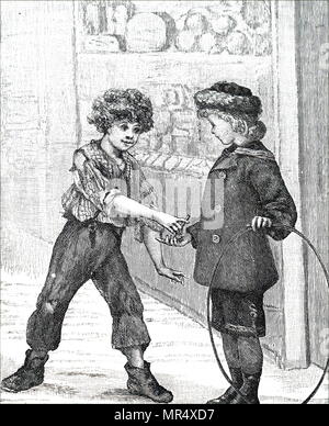Illustration les garçons jouant avec un cerceau, dans les rues de Londres. En date du 19e siècle Banque D'Images