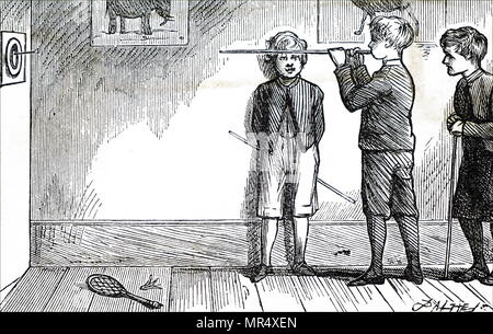Illustration de jeunes garçons jouant en organdi et Dart. Il s'agissait d'un règlement pacifique de l'adaptation et de sarbacane létale. dart empoisonné En date du 19e siècle Banque D'Images