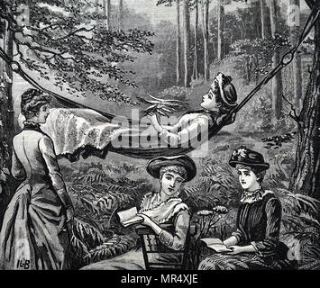 Illustration figurant des demoiselles se détendre sur un après-midi d'août. En date du 19e siècle Banque D'Images